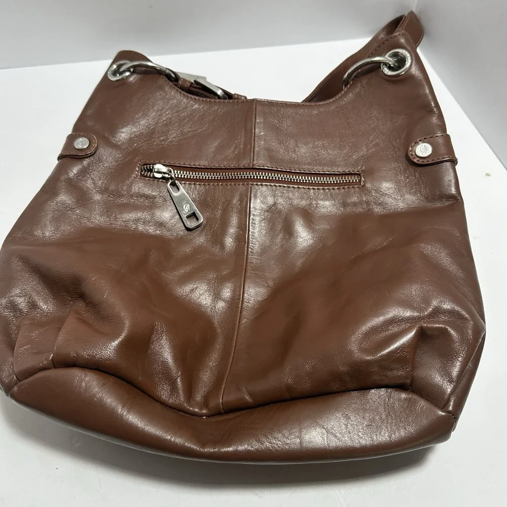 Grace Adele Leather Shoulder Hobo Bag‎ Brown Medium Size Silver Hardware